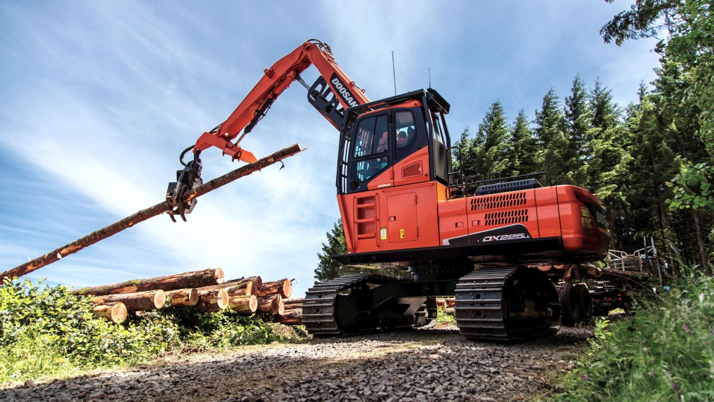 Doosan log loader loaded with features for safe and efficient log loading in forestry applications