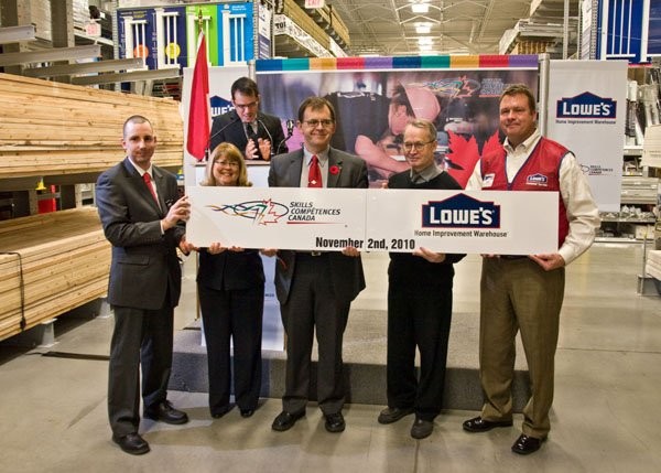 From left to right: Marc-Olivier B&eacute;langer (Team Canada 2009 Welding Competitor), The Honourable Diane Ablonczy (Minister of State (Seniors), Donovan Elliott (President, Skills/Comp&eacute;tences Canada), Chuck Deighton (Teacher, Lester B. Pearson H.S.) and Alan Huggins (President, Lowe’s Canada).