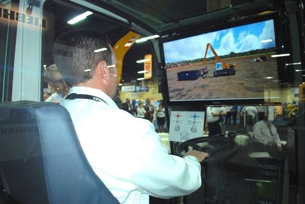 Liebherr's new simulator, made by Montreal-based Simlog, depicts the operation of a wheeled material handler performing scrap handling. Liebherr's new simulator, made by Montreal-based Simlog, depicts the operation of a wheeled material handler performing scrap handling.
