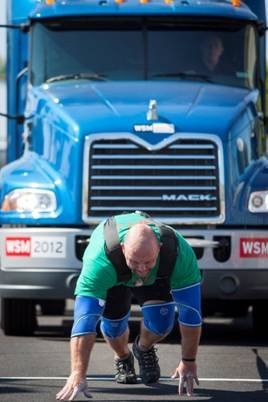 A MACK Pinnacle model proved a formidable opponent for Frankie Scheun, of South Africa in the MET-Rx World’s Strongest Man 2012 truck pull qualifying event.