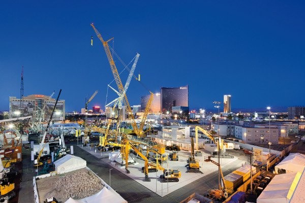 An aerial view showing Conexpo 2011, above the Liebherr exhibit.