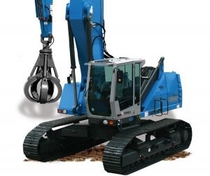 RHL 350 E material handler designed for unpaved yards and rough ground