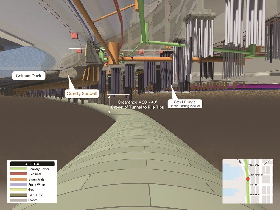 Underground visualization shows the SR 99 tunnel’s route beneath downtown Seattle and its proximity to other underground structures. (Images courtesy of WSDOT.) Underground visualization shows the SR 99 tunnel’s route beneath downtown Seattle and its proximity to other underground structures. (Images courtesy of WSDOT.)