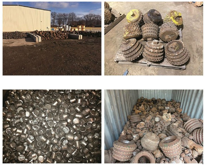 Clockwise from top left: Rend Lake’s yard where carbon steel is stored; raise bore bits; scrap carbide compacts after they’ve been cleaned; and containerized drill bits ready for shipping.