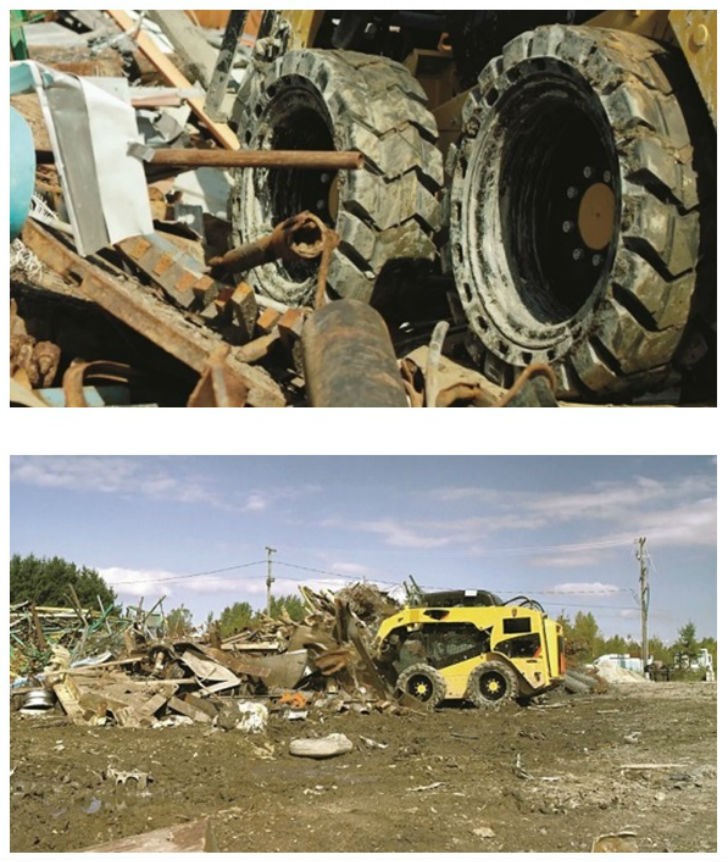 Top: Scrap yards, transfer stations and recycling facilities offer no shortage of hazards that can shorten the life of your tires. Bottom: Working on an unimproved surface, traction and floatation may be more important than durability.