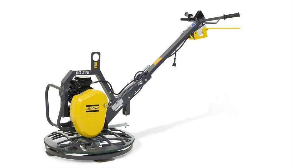The new Atlas Copco BG245 and BG375 trowels feature quick pitch controls that allow operators to adjust the angle and speed of the blades for high-speed burnishing or low-speed, high -orque floating.
