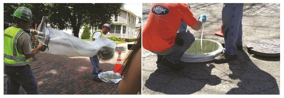 The bladder and air assembly being placed into the manhole (left) and positioned. Crews can typically perform three to four installations per day using the Cured in Place Manhole (CIPMH) system from LMK Technologies. The bladder and air assembly being placed into the manhole (left) and positioned. Crews can typically perform three to four installations per day using the Cured in Place Manhole (CIPMH) system from LMK Technologies.
