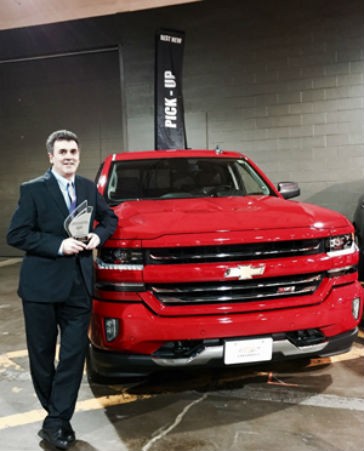 Joe De Stefano, Chevrolet Truck Brand Manager accepts the Automobile Journalists Association of Canada (AJAC) award for the 2016 Chevrolet Silverado as the “Best New Pickup” in Canada.