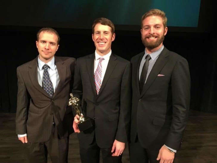 Sean Kline, Andrew Maxey, and Mark Williams of Vartega Carbon Fiber Recycling receiving the National Emerging Technology Award at the Cleantech Open Global Forum on November 19, 2015 at Herbst Theatre. (PRNewsFoto/Vartega Carbon Fiber Recycling)