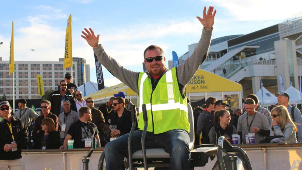 Kevin Suchy, Easy Lay Concrete, Tofield, Alberta, Canada, celebrates his winning time in the 2016 Wacker Neuson Trowel Challenge competition held at World of Concrete, February 4, 2016 in Las Vegas, NV.