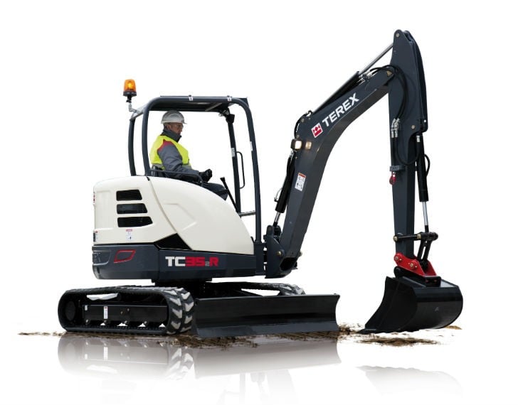 One of four models is the Terex TC35R-2 compact excavator.