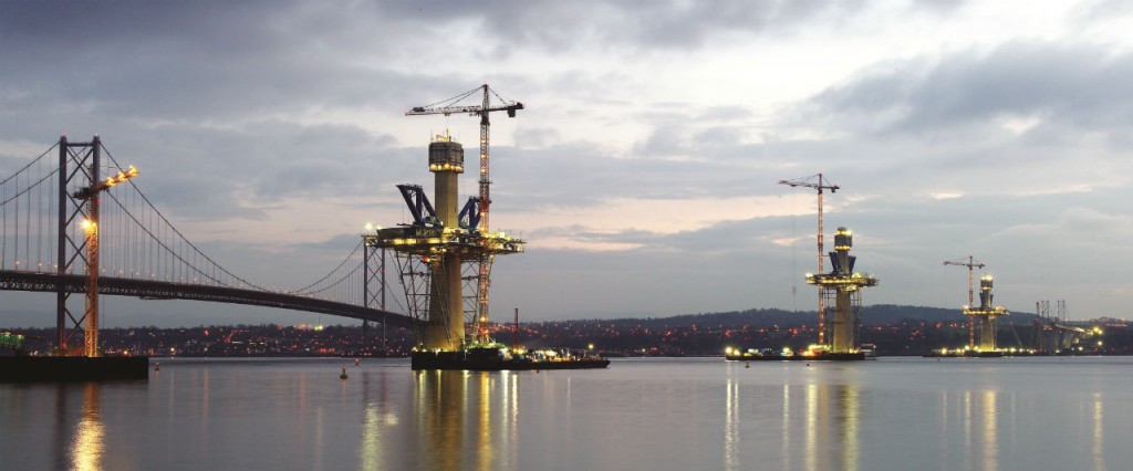 Liebherr cranes working on the construction of the Queensferry Crossing Bridge in Scotland.
