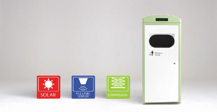Solar-powered EcoClean CUBE waste compacting bin designed to provide "smart", clean way to handle public space waste and recycling