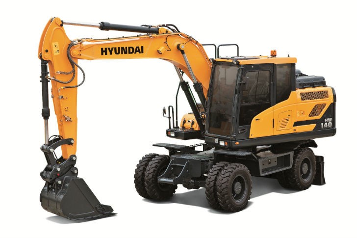 The Hyundai HW140 wheeled excavator, with an engine rated at 148 net hp (111 kW) has an operating weight of 30,600 pounds (13,880 kg) and is up to 15 percent more fuel efficient in truck loading and levelling compared with the Hyundai 9 series. 