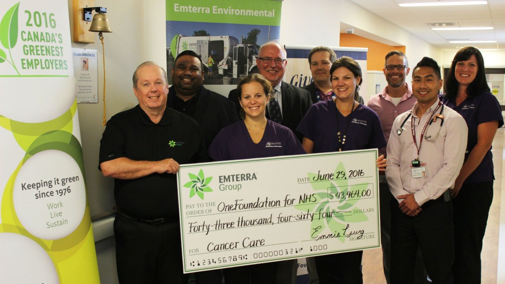 Brian Gogo, Emterra’s Vice President of Ontario Operations, presented the cheque to the WFCC and staff members in front of the unit’s ceremonial bell that is rung by patients who have completed their treatment. 