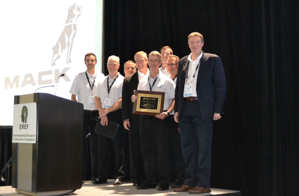 Mack Trucks was honoured by the Environmental Research & Education Foundation (EREF) for its long-standing support of the organization’s research and education efforts around sustainable waste management. Curtis Dorwart, Mack refuse product manager (with plaque), was also recognized for his years of dedication and advocacy on behalf of EREF.