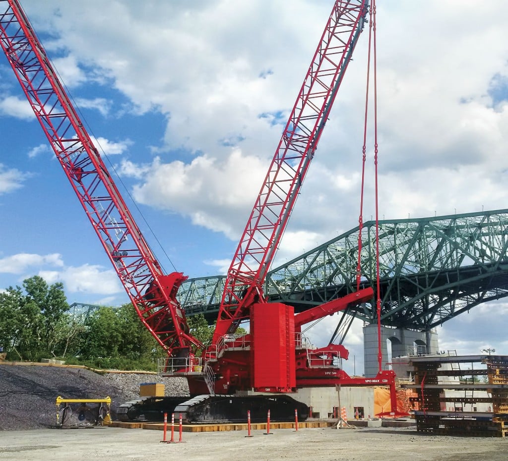 Two Manitowoc MLC650s are proving essential in the construction of the new Champlain Bridge in Montreal, Quebec, Canada, thanks to the reduced ground preparation made possible by the optional VPC-MAX attachment.