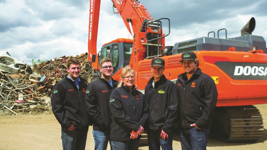 The Mryglod family at their yard in Weyburn, Saskatchewan, from left to right: Brad, Kyle, Sandra, Tyler and Travis.