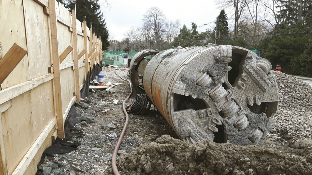 The microtunnel drives were located up to 14 metres below ground surface and excavated with an MTBM on a grade of approximately 0.15 percent. The microtunnel drives were located up to 14 metres below ground surface and excavated with an MTBM on a grade of approximately 0.15 percent.