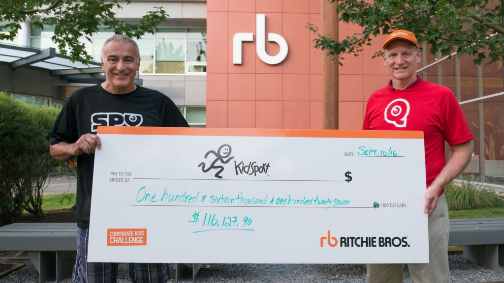 "Ritchie Bros.' 7th annual Corporate Kids Challenge helped raise $516,000+ for KidSport B.C., including a $400,000 donation from the Province of B.C. (CNW Group/Ritchie Bros. Auctioneers)".