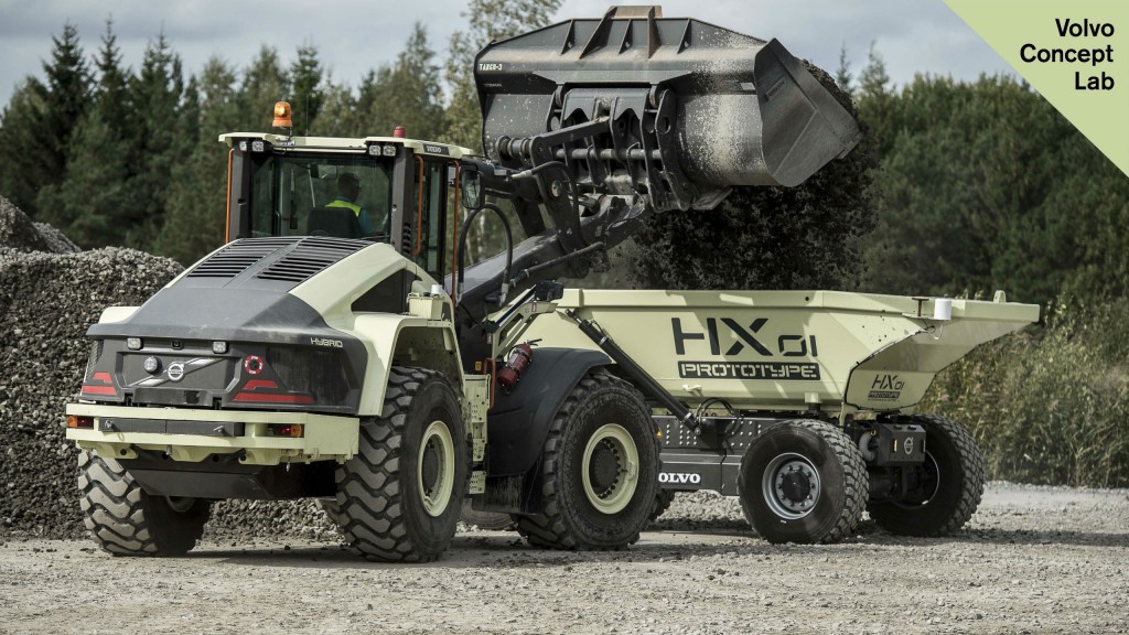 HXO1 autonomous battery-electric load carrier and the LX1 prototype electric hybrid wheel loader.