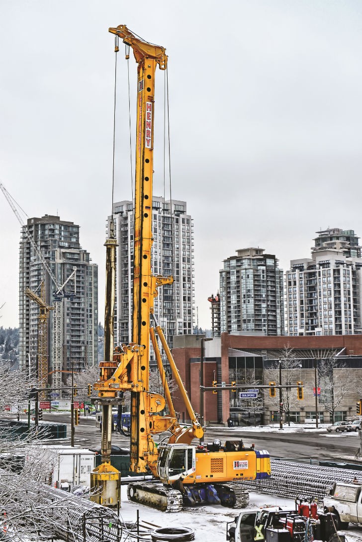 The Bauer BG 36 drill was one of the machines used to install the cast-in-place piles for the Evergreen Rapid Transit Line Project in British Columbia. 