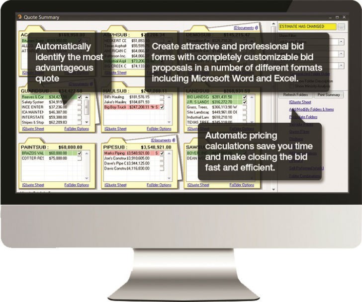 The HeavyBid Quote Summary screen helps you manage bid day more efficiently
by performing automatic pricing calculations on last-minute items, identifying the most advantageous quote, and putting your bid into an attractive, professional proposal that you can send to clients.