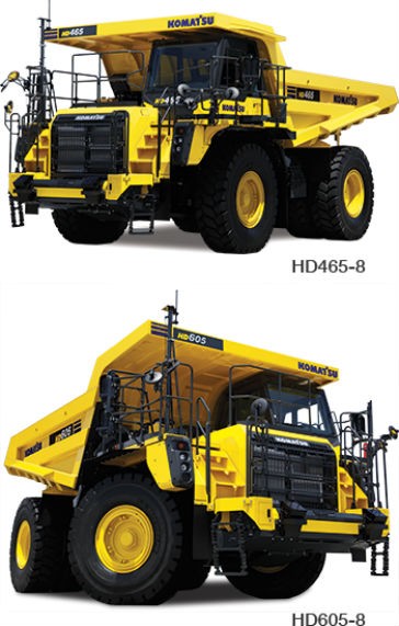 Komatsu HD465-8 and HD605-8 off-highway trucks feature increased horsepower, reduced fuel consumption, improved access and all-new operator environment
