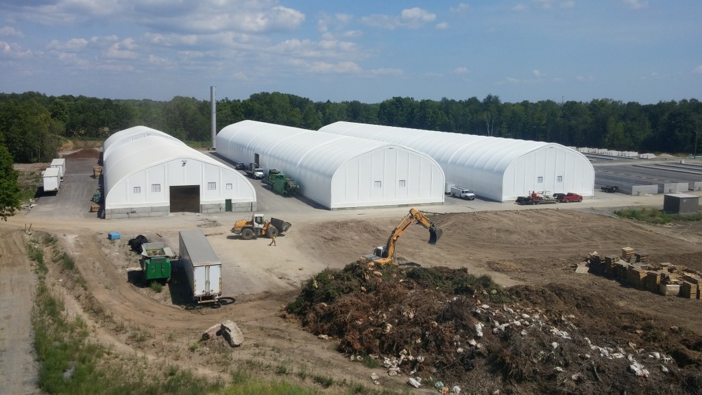 Astoria Organic Matters’ new composting facility in Belleville, Ontario uses MegaDome polyethylene-covered, metal-frame buildings over tipping, bio-filter and composting operations.