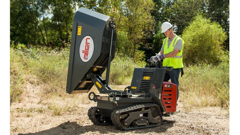 Tracked swivel dump buggy allows precise material placement