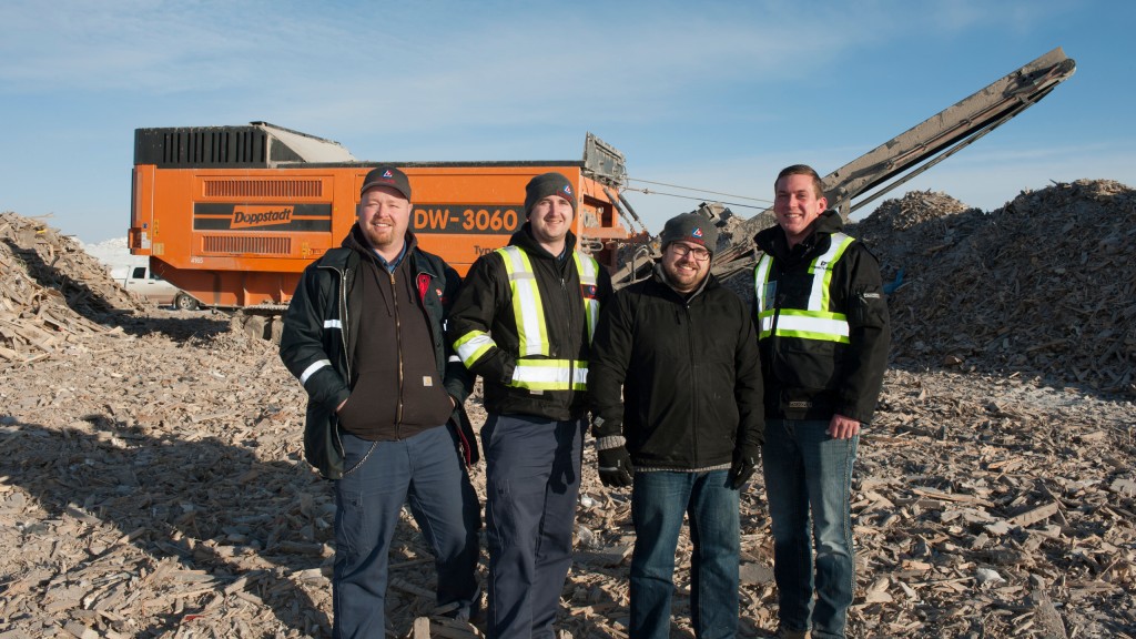 From left: Matt Johnson, Operations Manager, Jordan Gifford, Equipment Manager and Derek Stevens, Landfill Division Manager for Loraas, along with Bobby Corbin,  Frontline Machinery Saskatchewan Representative.

