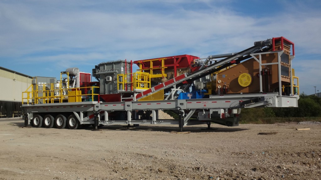 CEMCO’s new Portable Industrial Tile Recycling Plant features a Turbo 54 VSI Crusher, primary crusher, dust collection system, triple-deck incline vibratory screen and vibratory feeder, all powered by a 500-kilowatt generator