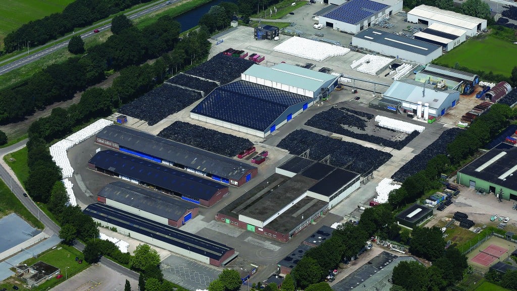 The Black Bear carbon black production plant in Nederweert, The Netherlands, showing piles of scrap tires. According to Black Bear, there are enough waste tires in the world to build 1,200 plants of roughly the same size as the Nederweert plant.
