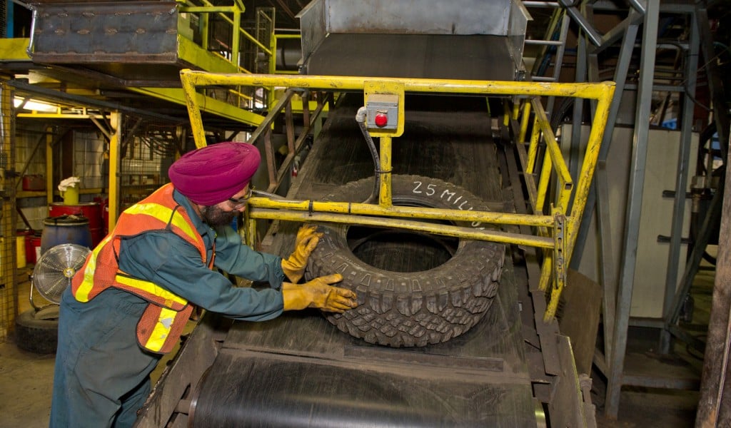 Into the shredder: the 25-millionth tire to be recycled at Emterra Tire Recycling, Ontario, an OTS program participant and member of the Canadian Association of Tire Recycling Agencies.