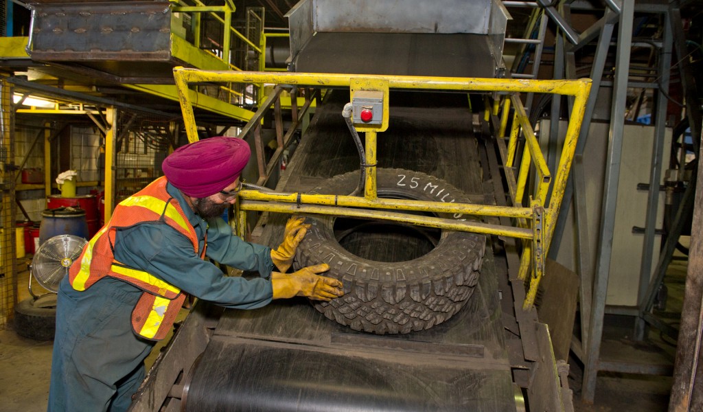 Into the shredder: the 25-millionth tire to be recycled at Emterra Tire Recycling, Ontario, an OTS program participant and member of the Canadian Association of Tire Recycling Agencies.