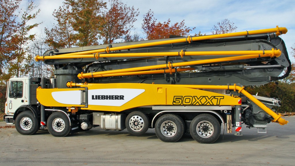 The Liebherr 50 M5 XXT truck-mounted concrete pump.