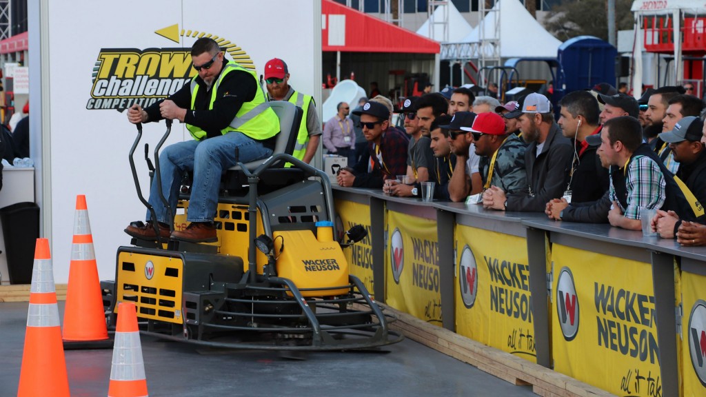 Derek Gromacki, PJ Dick, Inc., Pittsburgh, PA, navigates one of the tight turns at the 2018 Wacker Neuson Trowel Challenge. This year’s course was reconfigured to show off the competitor’s precision finishing skills as well as speed.