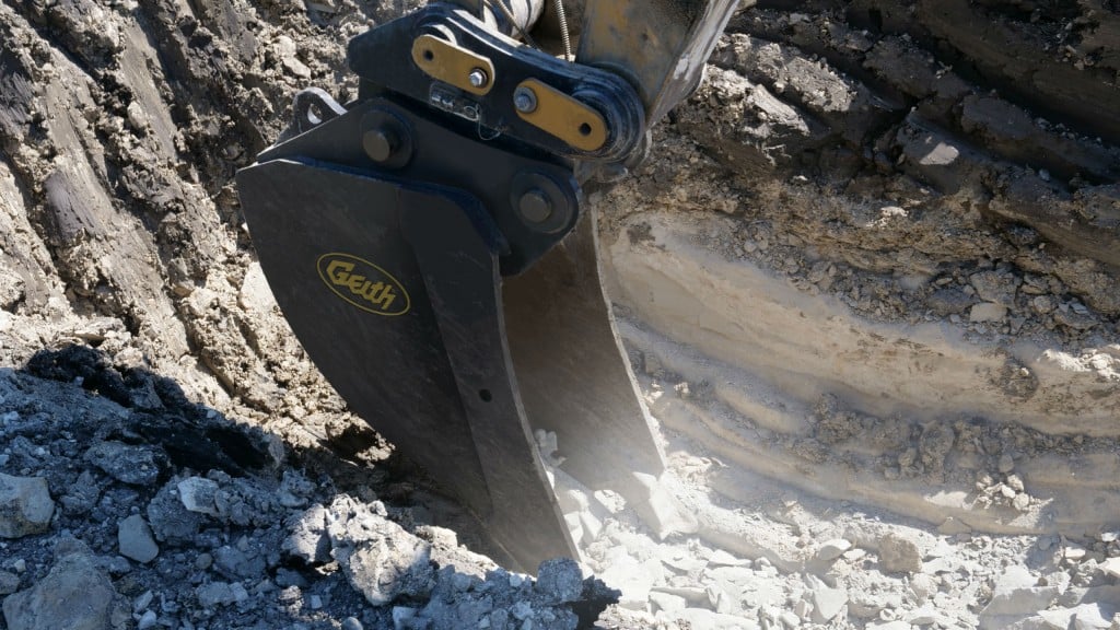 Geith's v-rock bucket is shaped for better penetration of materials.