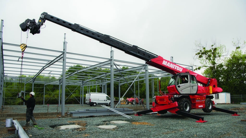 The Manitou MRT3050 rotating telehandler has a maximum load capacity of 11,000 pounds, lift height of 97 feet 9 inches and forward reach of 84 feet 8 inches.