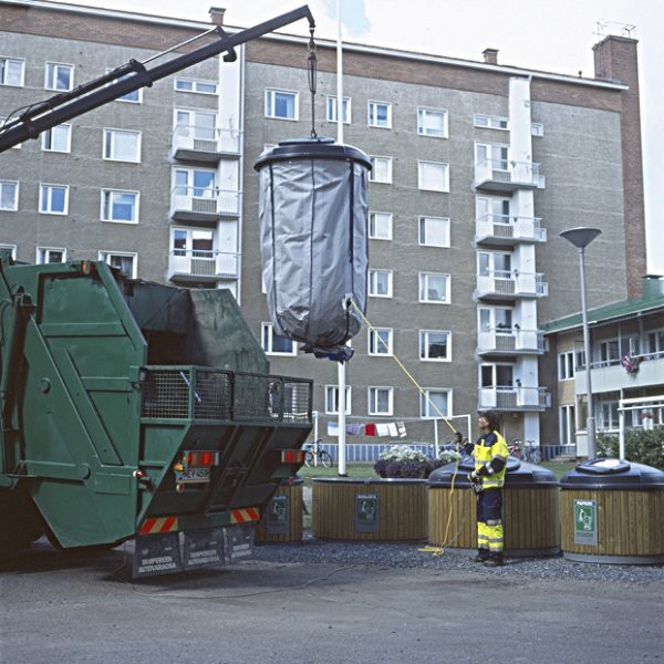 A Molok Deep Collection system being lifted in Kitchener, Ontario.