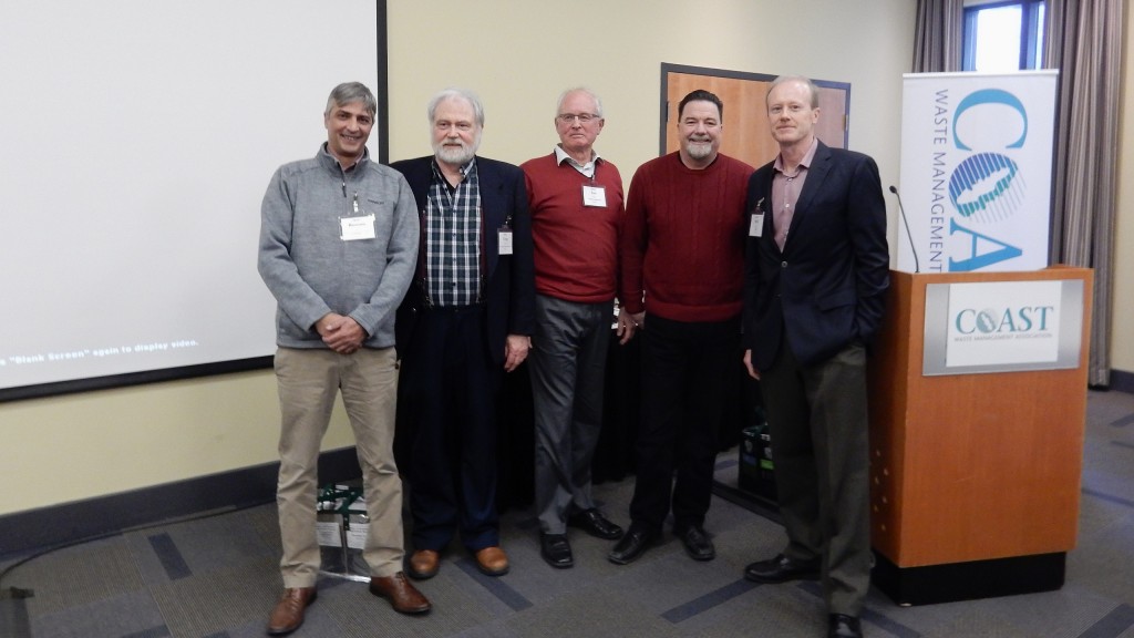 Talking plastics at the CWMA February 2018 meeting and conference in Nanaimo, B.C., from left: Rustam Punja, Geocycle, Craig Foster, CPIA; Ian Kidd, CasCell Trading ; Pat McLaughlin, King County Solid Waste Division; and Will Burrows, executive director of the Coast Waste Management Association. 