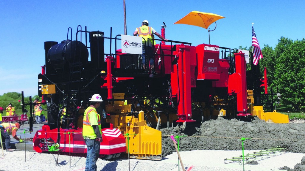 Two-track GP3 paver from Gomaco slipforms up to 30 feet in width