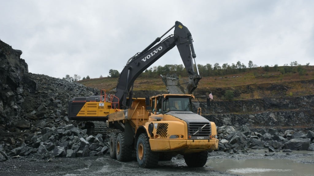 A Volvo EC750E at work in the quarry.