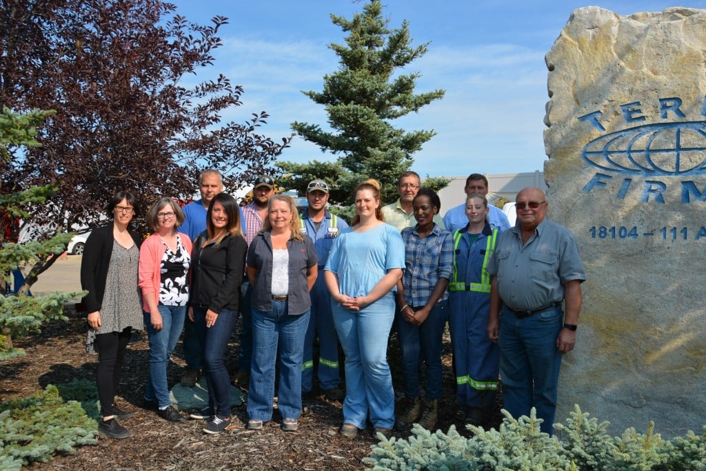 The Terrafirma team, from left to right: Amber Ford, Joan Mahoney, Don Proulx, Jacqueline LaFleur, Chad Ohlmann, Shirley Hamleuk, Shane Shackelton, Brianne Wood, Dave Rock, Chantal Nyangoma, Norbert Dieplinger (SBM), Desirae Hansen, and Erich Janke.