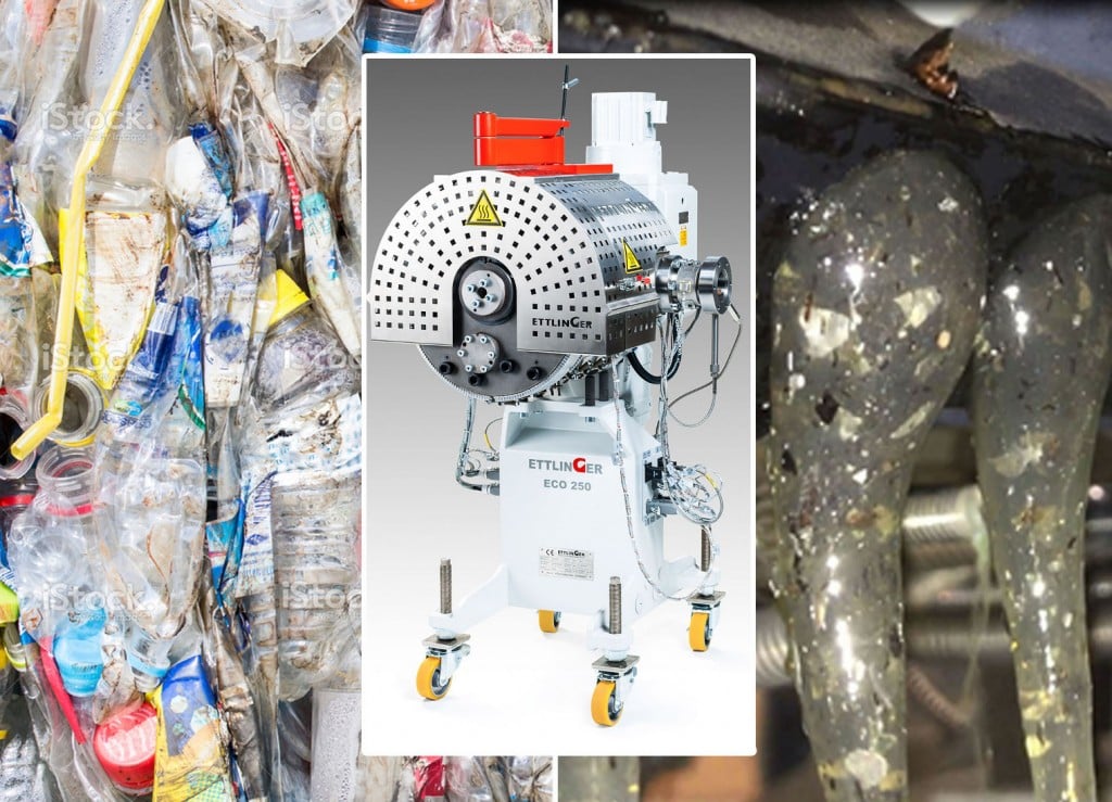 The fines which are created when PET bottles (left) are recycled contain up to 1.5% solid, gel-like or cross-linked contaminants. By incorporating Ettlinger's ECO high performance melt filters into the extrusion process, these substances can be continuously and almost completely removed from the melt (right).