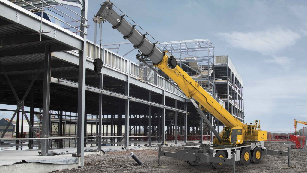 The new GRT9165 from Grove includes features demanded by customers.
(Photo is not a true job site depiction. Crane has been added to a job site background. Crane is not configured in a true working condition and decals are not included.)