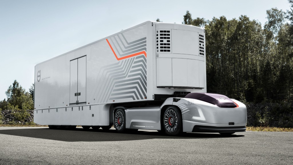 The transportation solution envisioned by Volvo Trucks centers around autonomous electric vehicles connected through the cloud to central hubs.