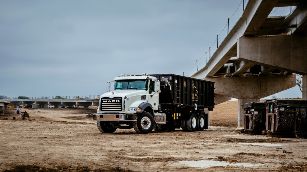 The Mack Granite (here in a roll-off configuration) as well as LR and TerraPro models, are now available with pre-wired Lytx DriveCam technology.