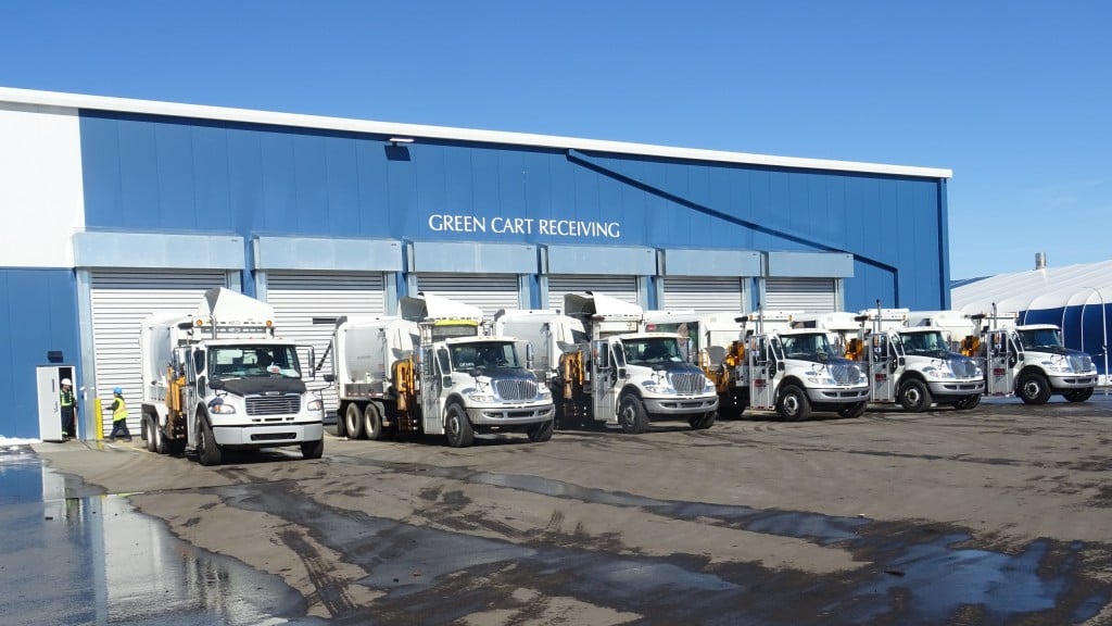 Green cart receiving outside the Calgary Composting Facility, Canada’s largest in-vessel operation.