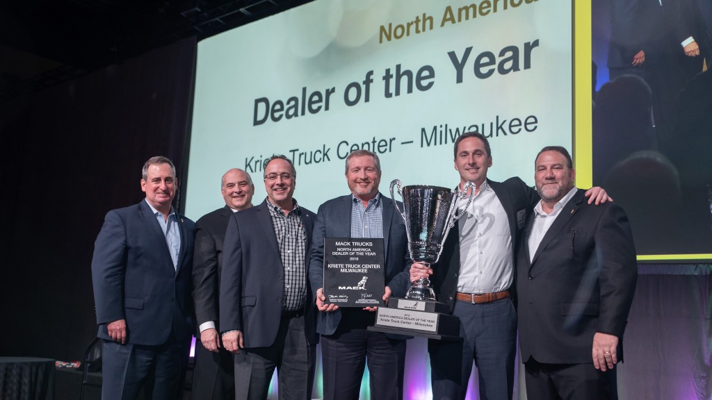 Mack Trucks named Kriete Truck Center of Milwaukee, Wisconsin its 2018 North American Dealer of the Year. Mack made the announcement during its annual dealer meeting, which brings together dealer leadership from the U.S. and Canada. From left to right: Martin Weissburg, president, Mack Trucks and member, Volvo Group Executive Board; Joseph Favia, regional vice president – central region, Mack Trucks; David Barletta, executive vice president and director, Mack truck sales, Kriete Group; Marty Dudenhoeffer, executive vice president, dealer operations, Kriete Group; David Kriete, owner, Kriete Group; Jonathan Randall, senior vice president, North American sales and marketing, Mack Trucks.